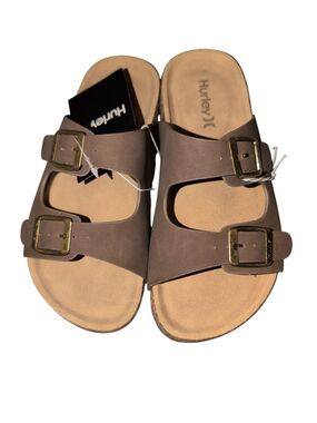 Hurley Kids Brown Double-Buckle Slide Sandals with Gold Buckles